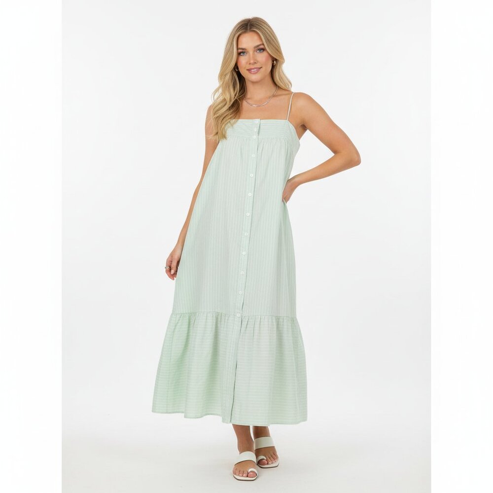 Zara White & Seafoam Green‎ Striped Sleeveless Midi Dress M